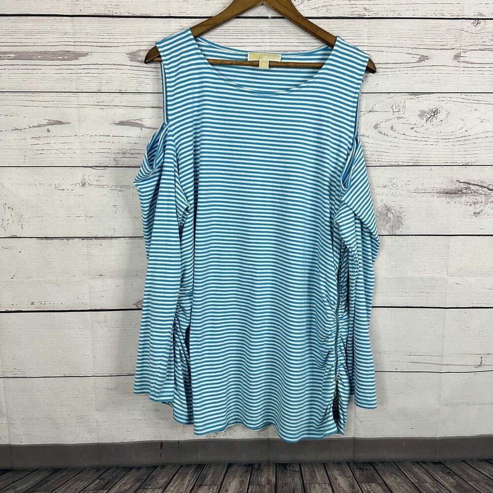 Michael Kors Top Shirt Womens 3X Blue White Striped Cold Shoulder Side Zip